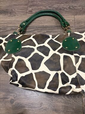 Giraffe Print Tote Bag with Green Handles